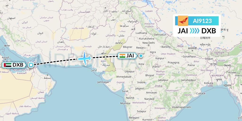 AI9123 Air India Flight Map: Jaipur to Dubai
