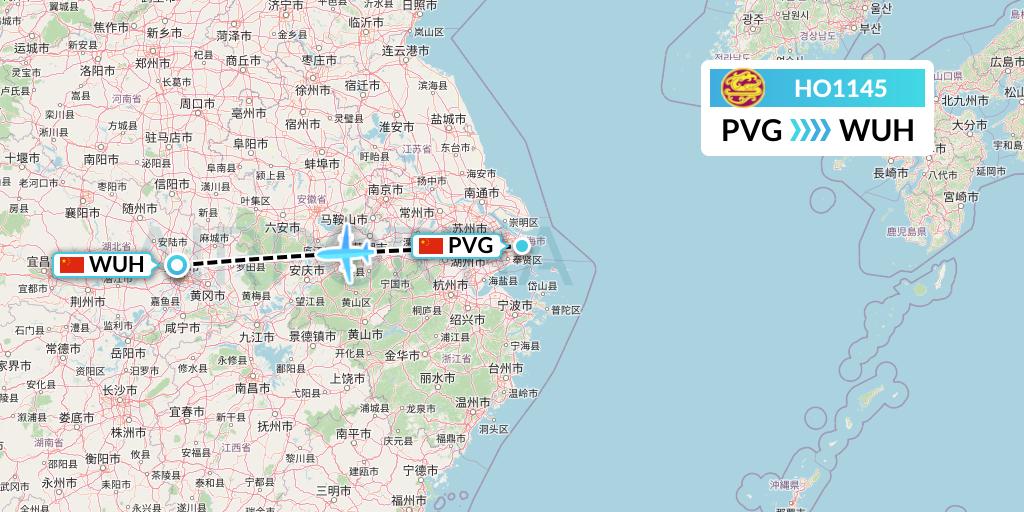 HO1145 Juneyao Airlines Flight Map: Shanghai to Wuhan