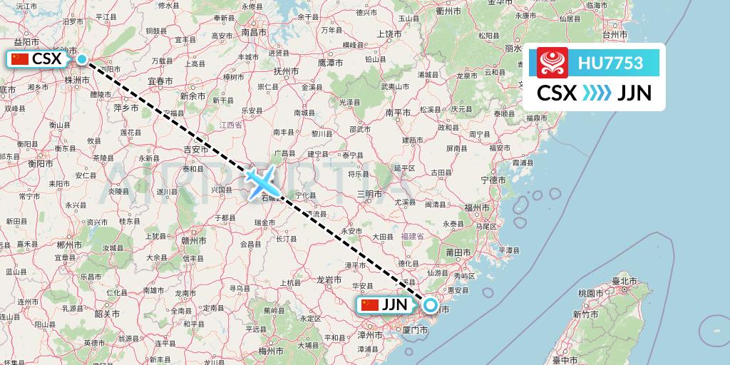 HU7753 Hainan Airlines Flight Map: Changsha to Jinjiang