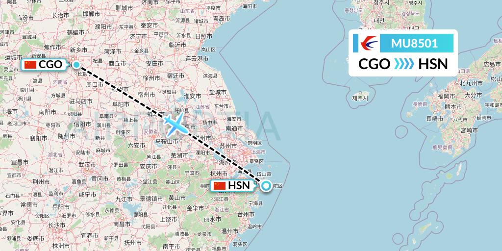 MU8501 China Eastern Airlines Flight Map: Zhengzhou to Zhoushan
