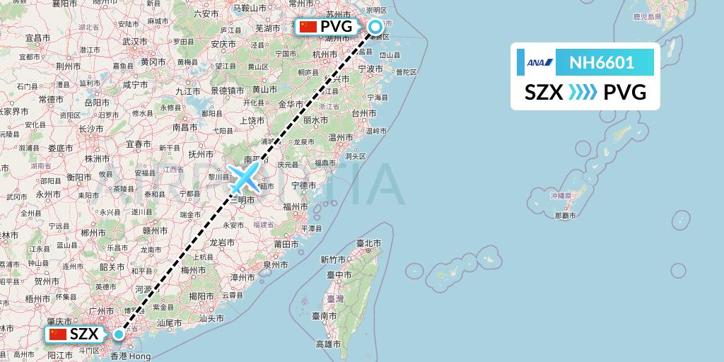 NH6601 All Nippon Airways Flight Map: Shenzhen to Shanghai