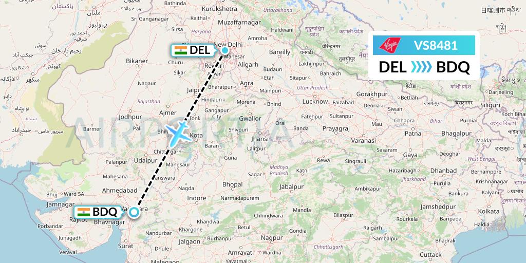 VS8481 Virgin Atlantic Airways Flight Map: Delhi to Vadodara