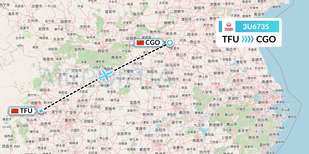 3U6735 Sichuan Airlines Flight Map: Chengdu to Zhengzhou