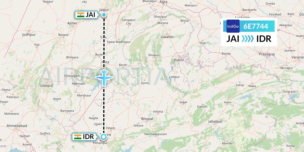 6E7744 IndiGo Airlines Flight Map: Jaipur to Indore
