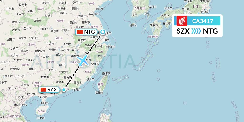 CA3417 Air China Flight Map: Shenzhen to Nantong