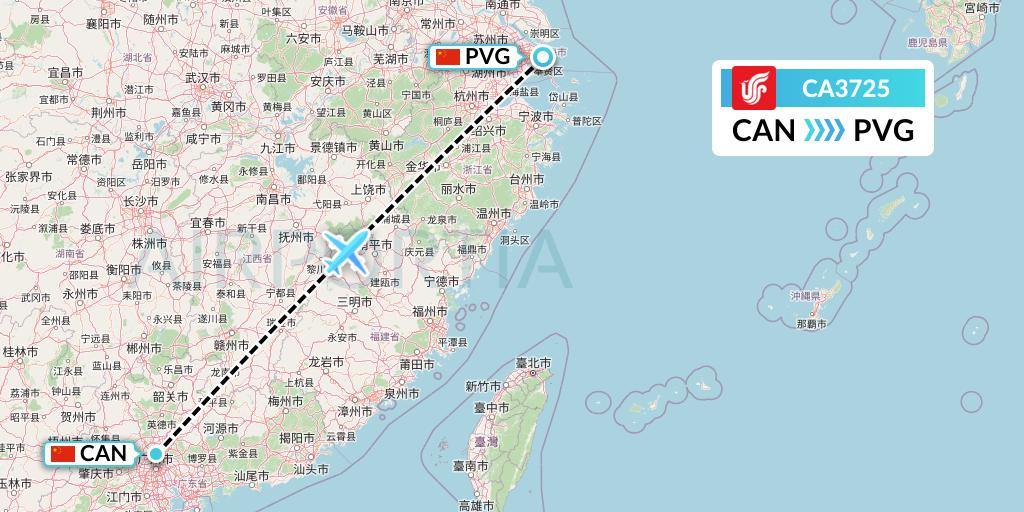 CA3725 Air China Flight Map: Guangzhou to Shanghai