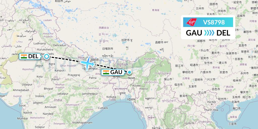 VS8798 Virgin Atlantic Airways Flight Map: Guwahati to Delhi