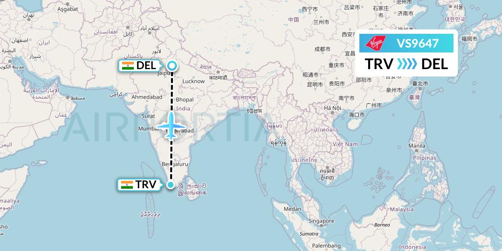 VS9647 Virgin Atlantic Airways Flight Map: Thiruvananthapuram to Delhi