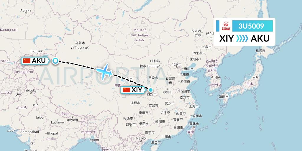3U5009 Sichuan Airlines Flight Map: Xi'an to Aksu