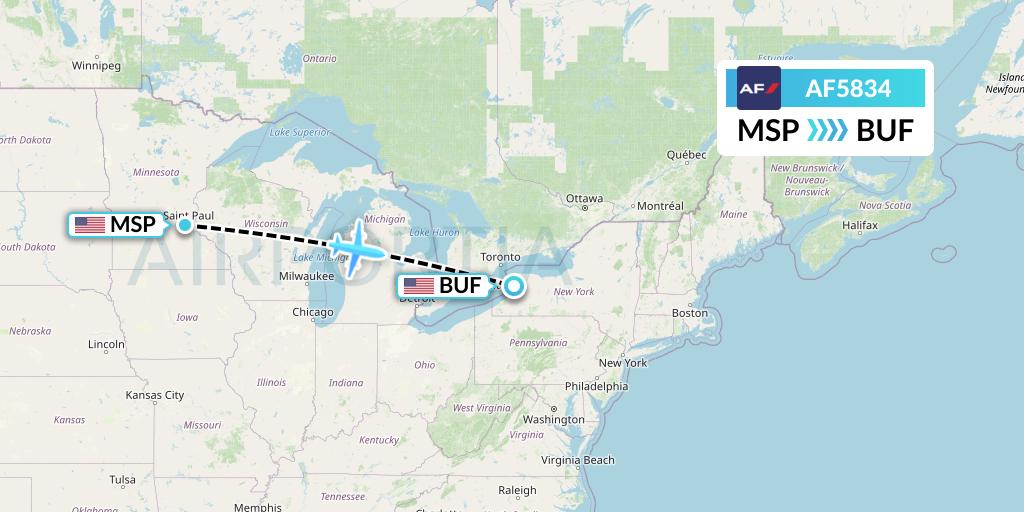 AF5834 Air France Flight Map: Minneapolis to Buffalo