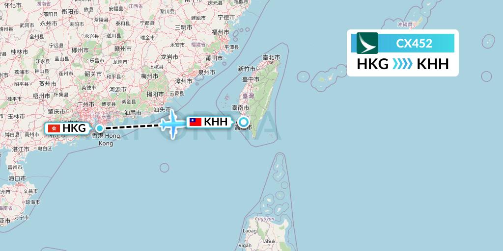 CX452 Cathay Pacific Flight Map: Hong Kong to Kaohsiung