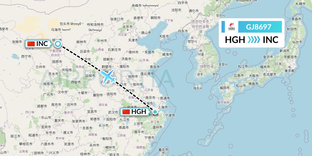 GJ8697 Loong Airlines Flight Map: Hangzhou to Yinchuan