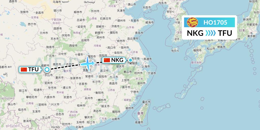 HO1705 Juneyao Airlines Flight Map: Nanjing to Chengdu