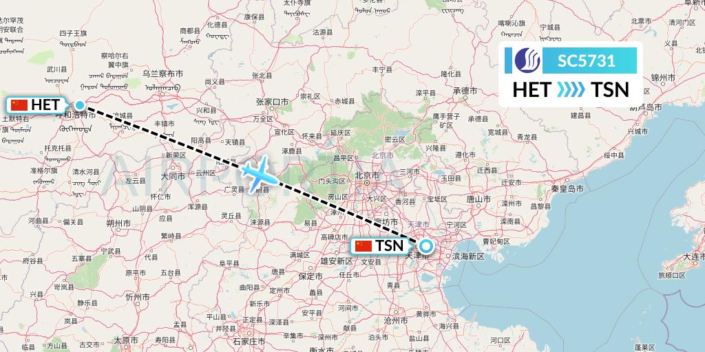 SC5731 Shandong Airlines Flight Map: Hohhot to Tianjin