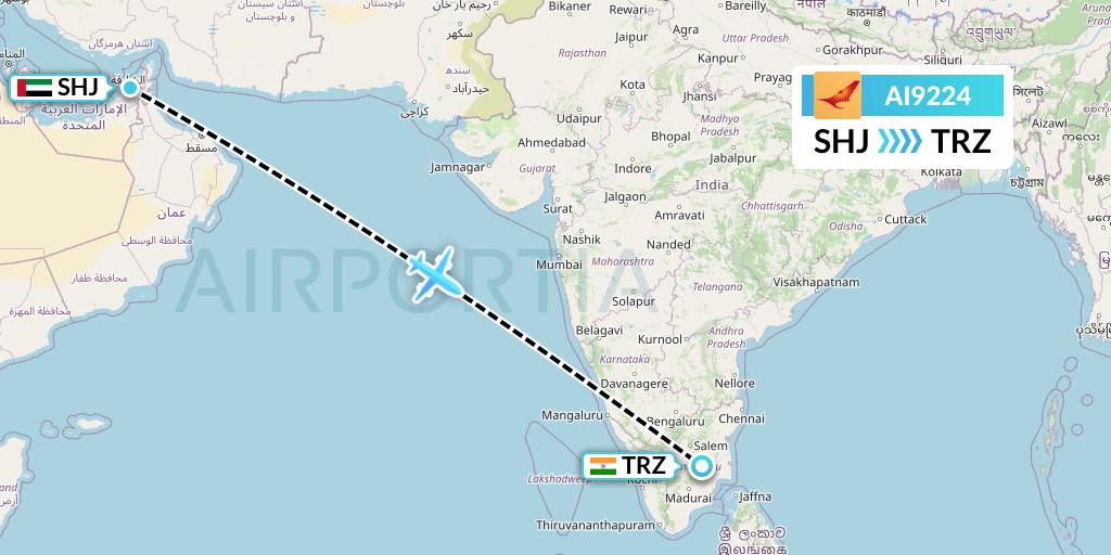 AI9224 Air India Flight Map: Sharjah to Tiruchirapalli