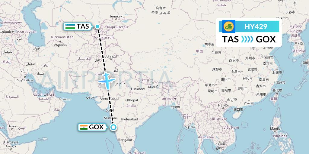 HY429 Uzbekistan Airways Flight Map: Tashkent to Goa