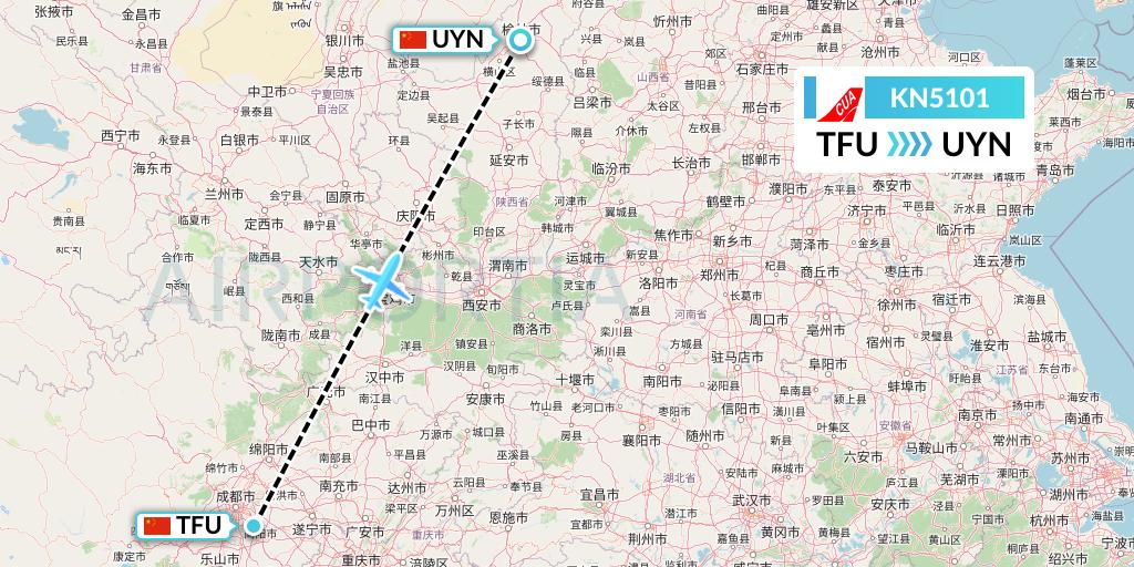 KN5101 China United Airlines Flight Map: Chengdu to Yulin