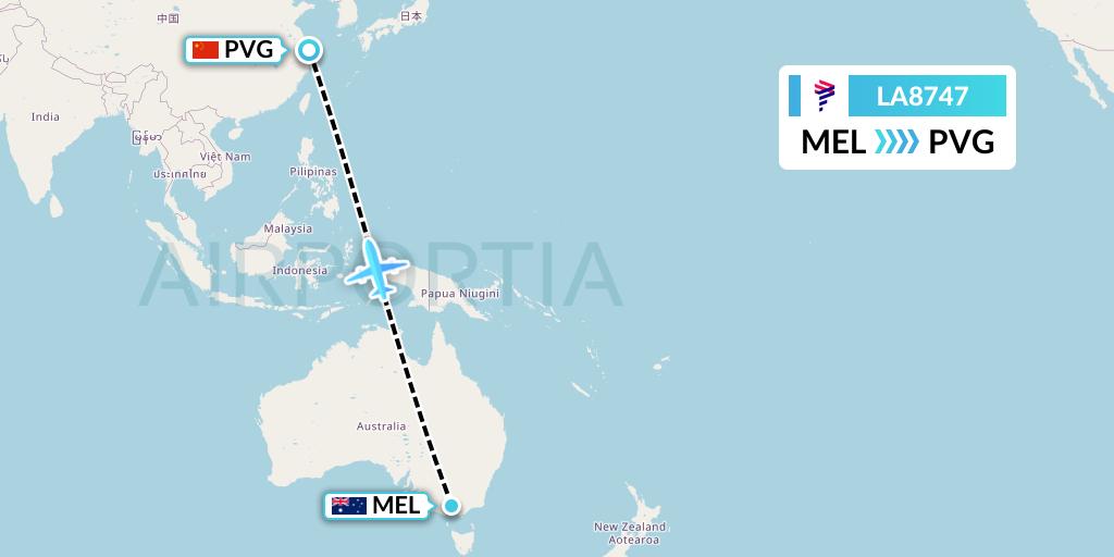 LA8747 LAN Airlines Flight Map: Melbourne to Shanghai