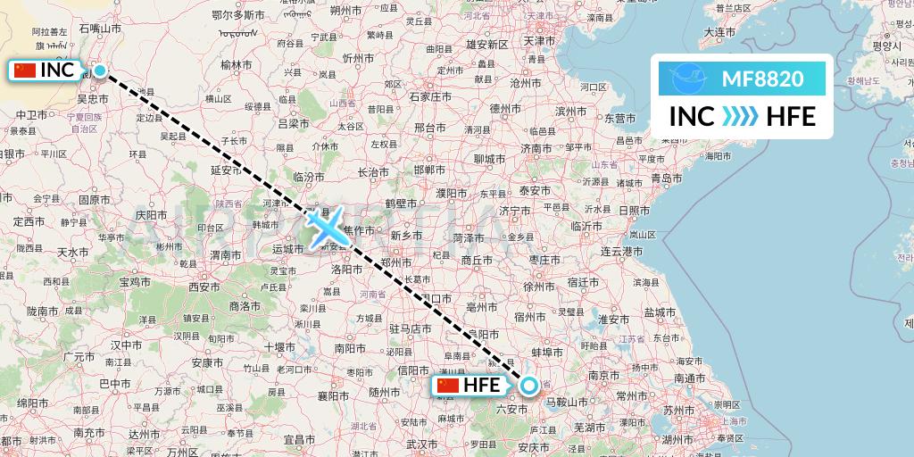 MF8820 Xiamen Airlines Flight Map: Yinchuan to Hefei
