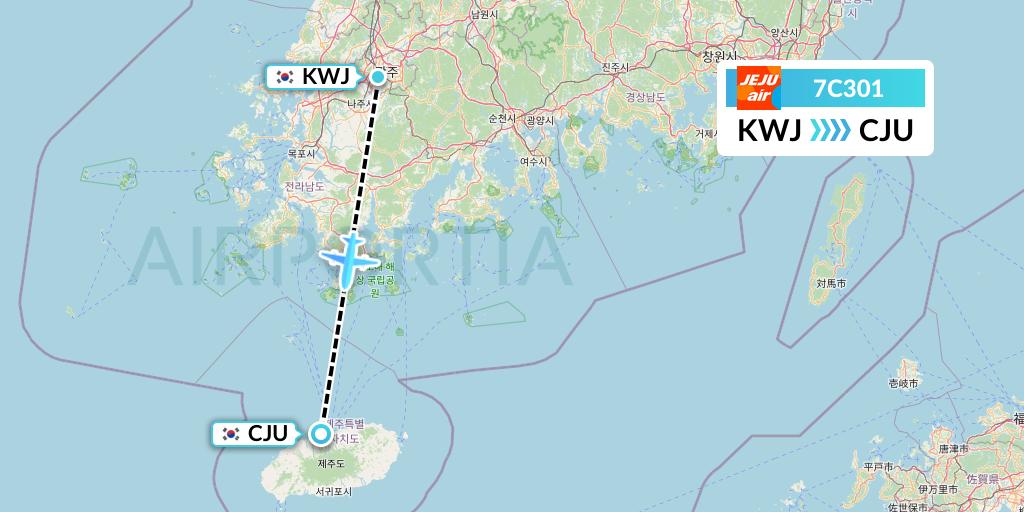 7C301 Jeju Air Flight Map: Gwangju to Jeju