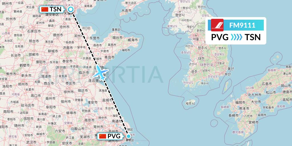 FM9111 Shanghai Airlines Flight Map: Shanghai to Tianjin