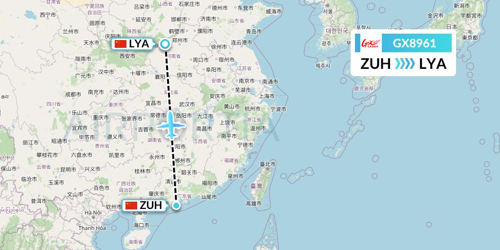 GX8961 GX Airlines Flight Map: Zhuhai to Luoyang