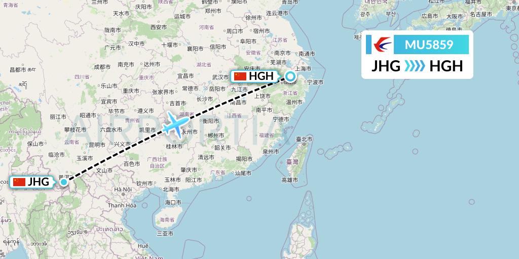 MU5859 China Eastern Airlines Flight Map: Jinghong to Hangzhou