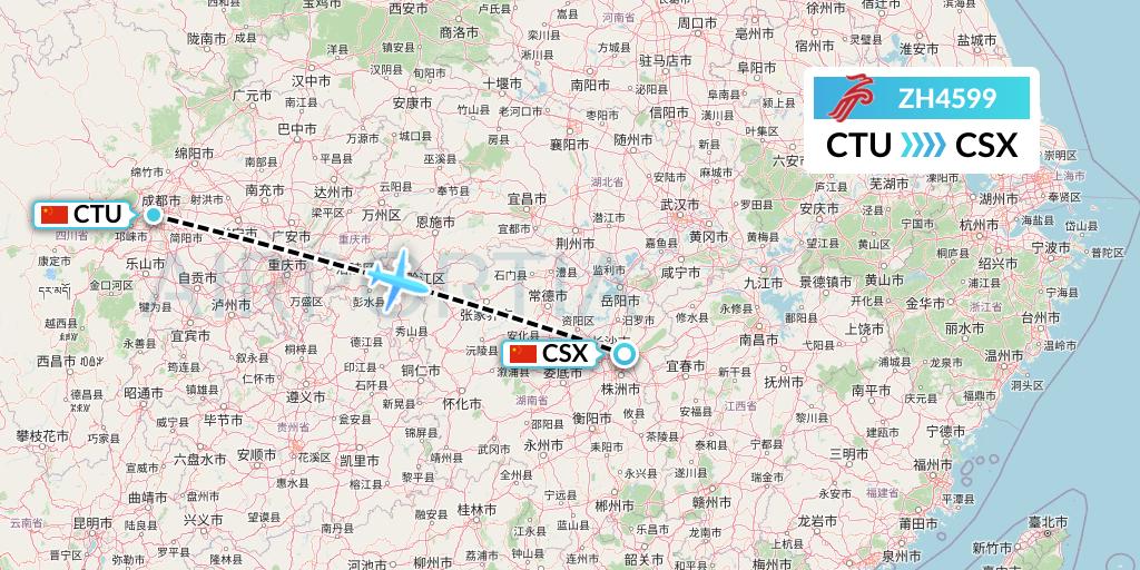 ZH4599 Shenzhen Airlines Flight Map: Chengdu to Changsha