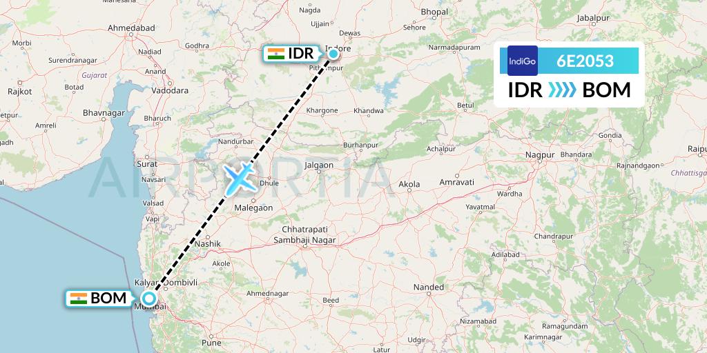 6E2053 IndiGo Airlines Flight Map: Indore to Mumbai