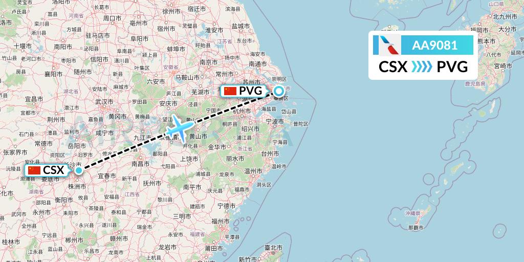 AA9081 American Airlines Flight Map: Changsha to Shanghai