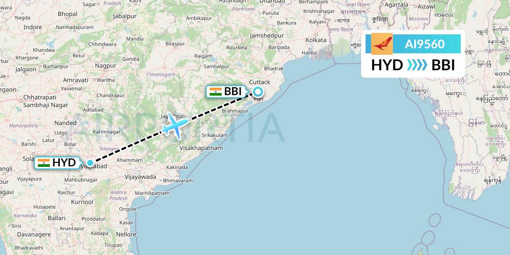 AI9560 Air India Flight Map: Hyderabad to Bhubaneswar