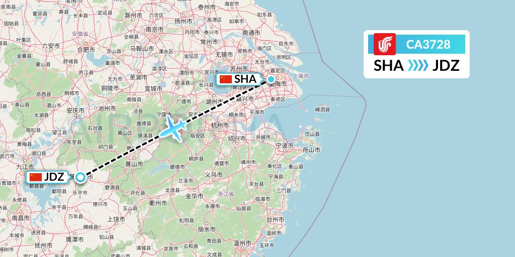 CA3728 Air China Flight Map: Shanghai to Jingdezhen