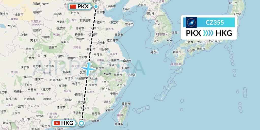 CZ355 China Southern Airlines Flight Map: Beijing to Hong Kong