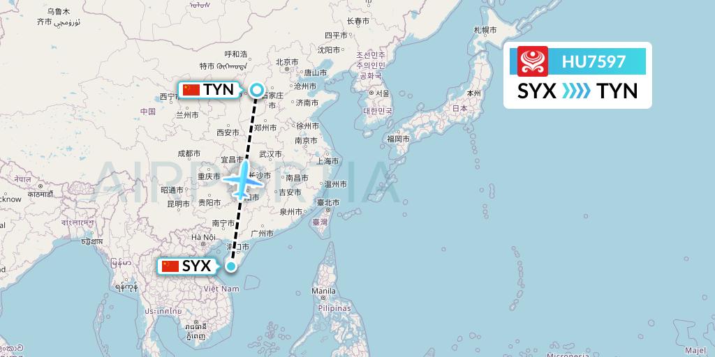 HU7597 Hainan Airlines Flight Map: Sanya to Taiyuan