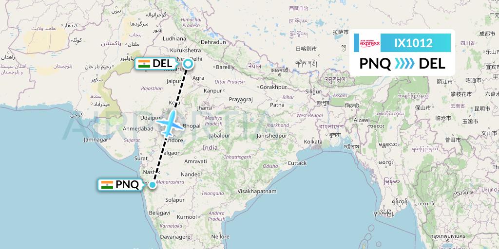 IX1012 Air India Express Flight Map: Pune to Delhi