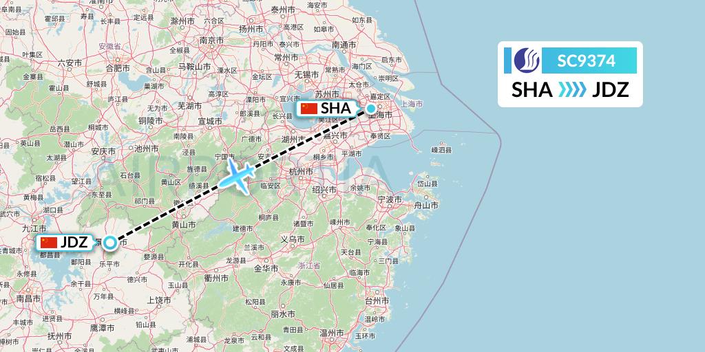 SC9374 Shandong Airlines Flight Map: Shanghai to Jingdezhen
