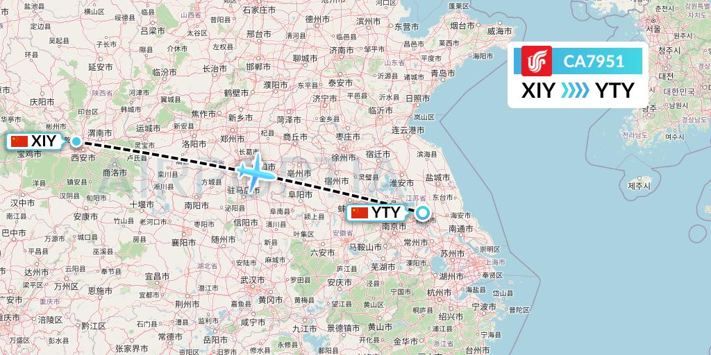 CA7951 Air China Flight Map: Xi'an to Yangzhou