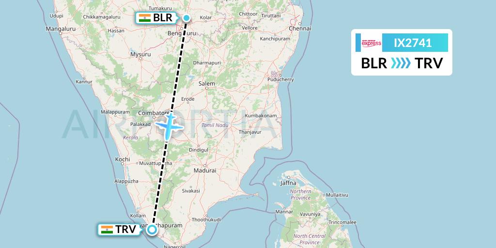 IX2741 Air India Express Flight Map: Bangalore to Thiruvananthapuram