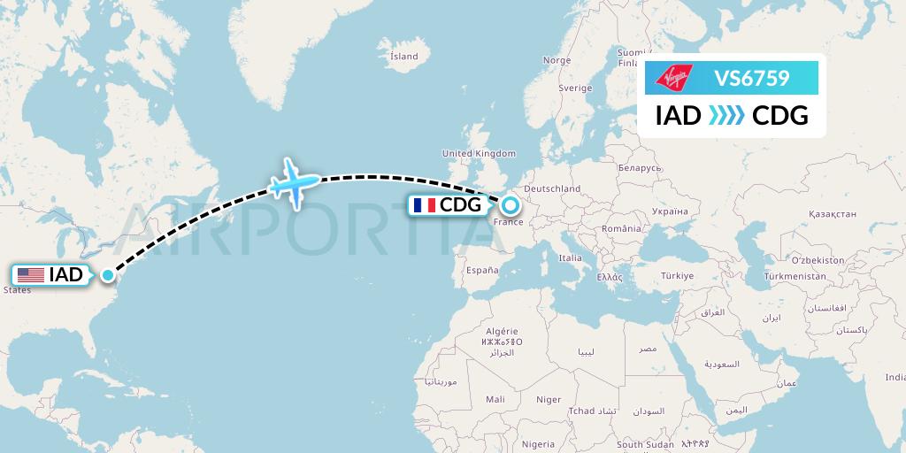 VS6759 Virgin Atlantic Airways Flight Map: Washington to Paris