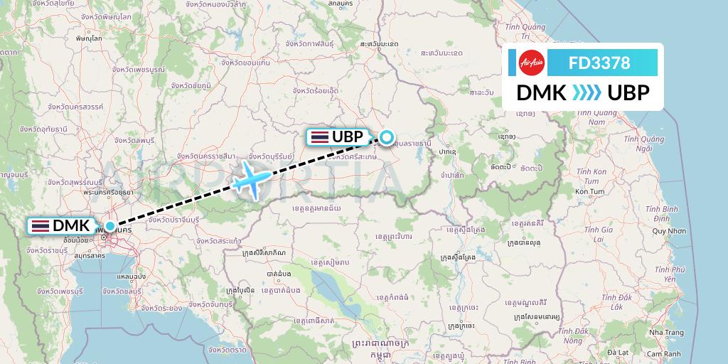 FD3378 Thai AirAsia Flight Map: Bangkok to Ubon Ratchathani