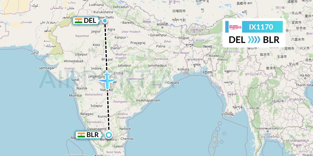 IX1170 Air India Express Flight Map: Delhi to Bangalore