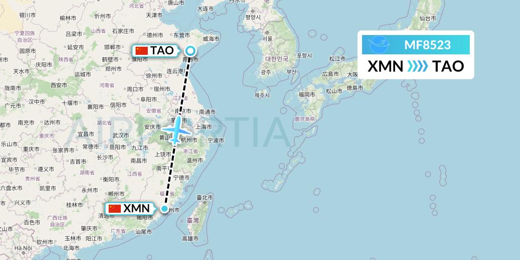 MF8523 Xiamen Airlines Flight Map: Xiamen to Qingdao