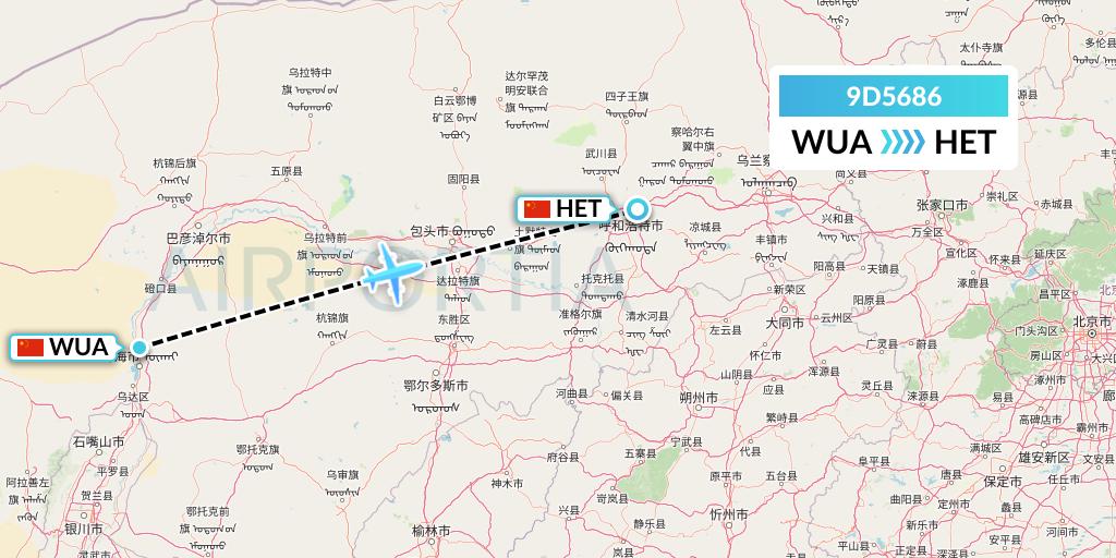 9D5686 Genghis Khan Airlines Flight Map: Wuhai to Hohhot