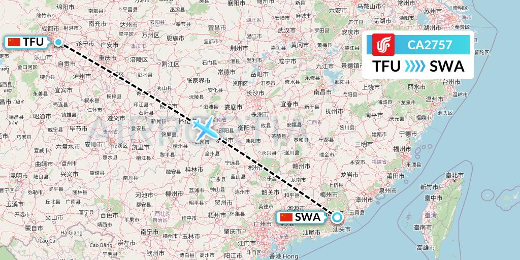 CA2757 Air China Flight Map: Chengdu to Jieyang