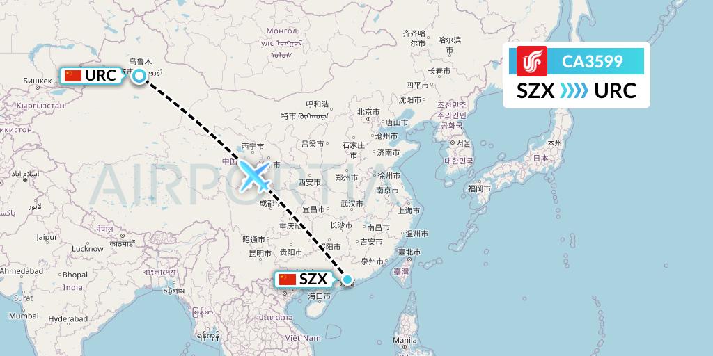 CA3599 Air China Flight Map: Shenzhen to Urumqi