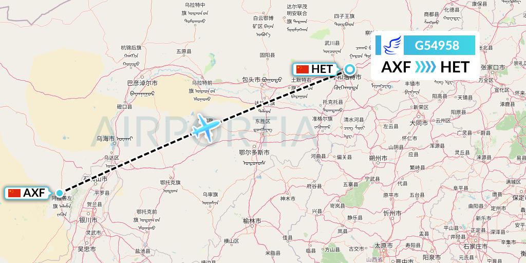G54958 China Express Airlines Flight Map: Yinchuan to Hohhot