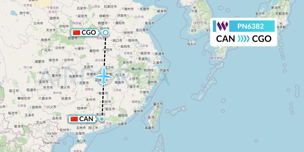 PN6382 China West Air Flight Map: Guangzhou to Zhengzhou