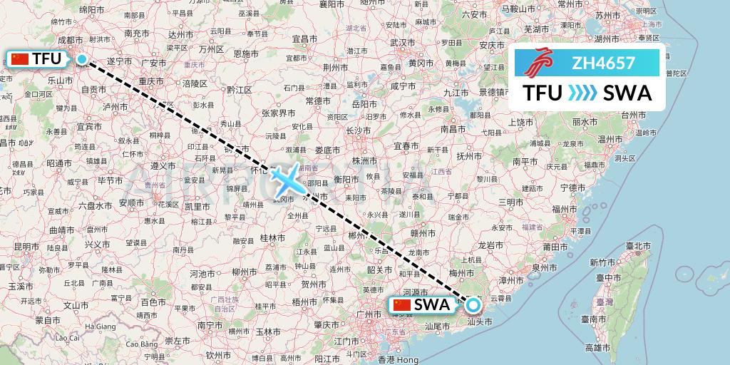 ZH4657 Shenzhen Airlines Flight Map: Chengdu to Jieyang