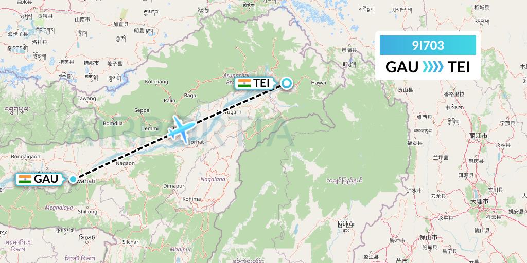 9I703 Air India Regional Flight Map: Guwahati to Tezu