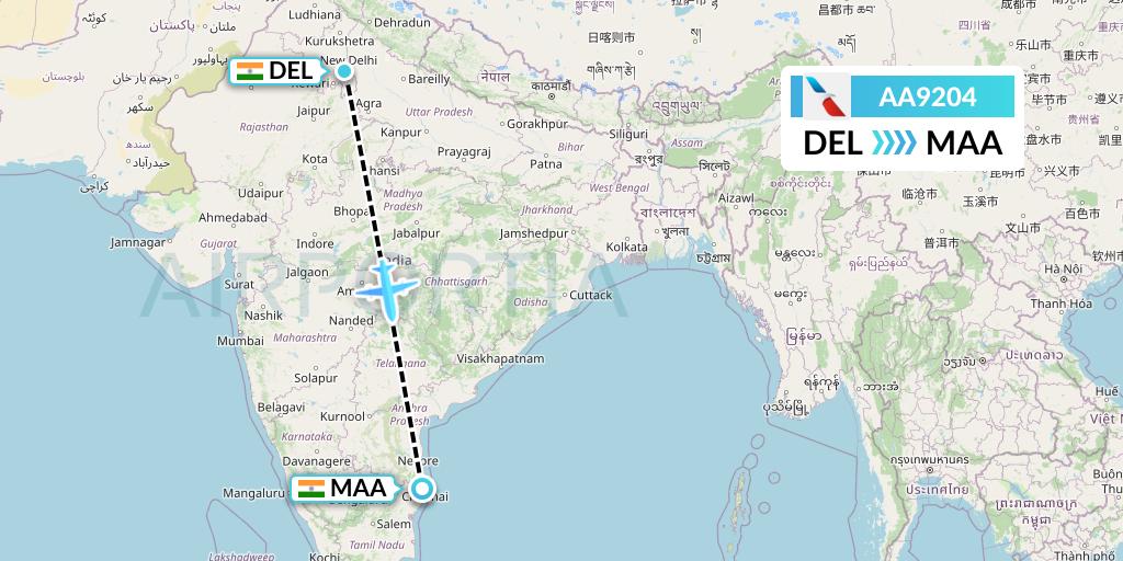 AA9204 American Airlines Flight Map: Delhi to Chennai